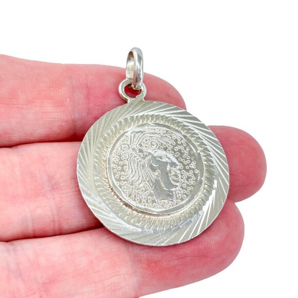 Vintage Sterling Silver 925 Mexico Aztec Warrior Coin Medallion Pendant - Picture 1 of 8